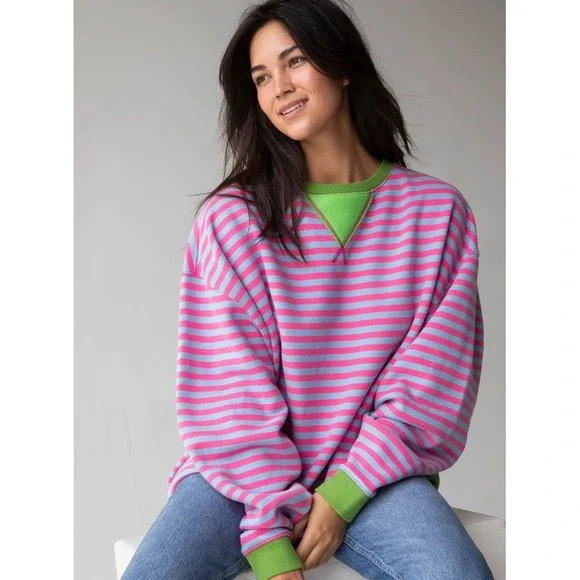 Natural Life Oversized Striped Crewneck Sweatshirt Cozy Boho Preppy L/XL - Picture 2 of 6
